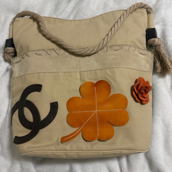 CHANEL Handbags - Chanel Fishnet Rope Coco Mark Camellia Tote Handbag Canvas Leather Beige